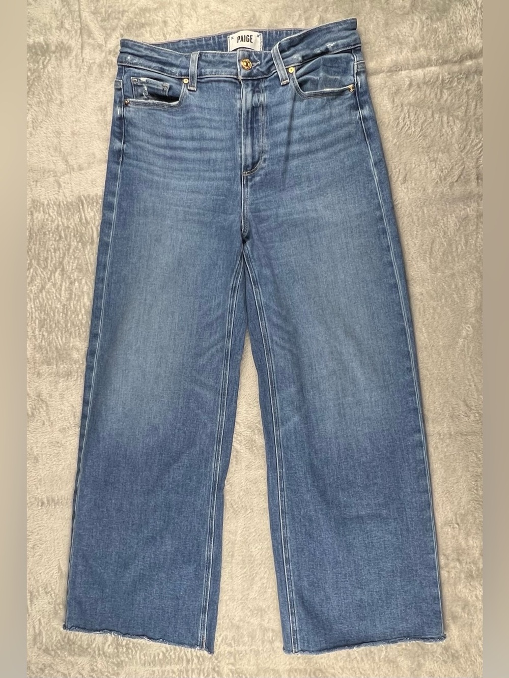 PAIGE Anessa Jeans 28 Cropped Wide Leg Raw Hem High Rise Medium Wash
